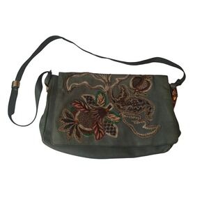 Vintage Leather Gianfranco Lotti Embroidered Floral Shoulder Bag Sage Green